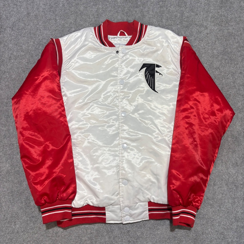 Starter Atlanta Falcons Satin Varsity Jacket Mens Large White Red NFL Bomber